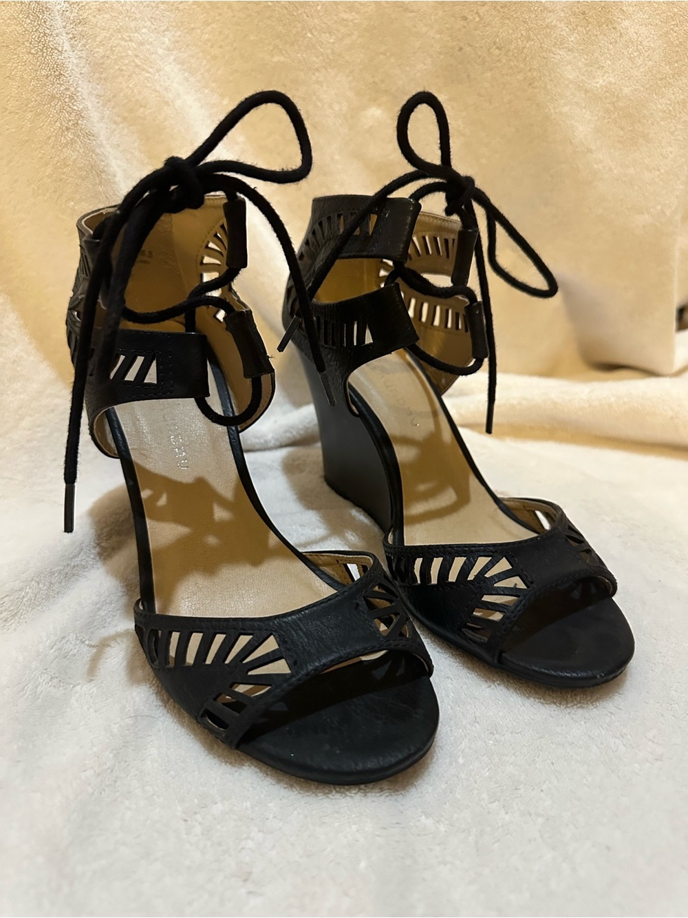 CL by Laundry Black Laser-Cut Lace-Up Wedge Sandals